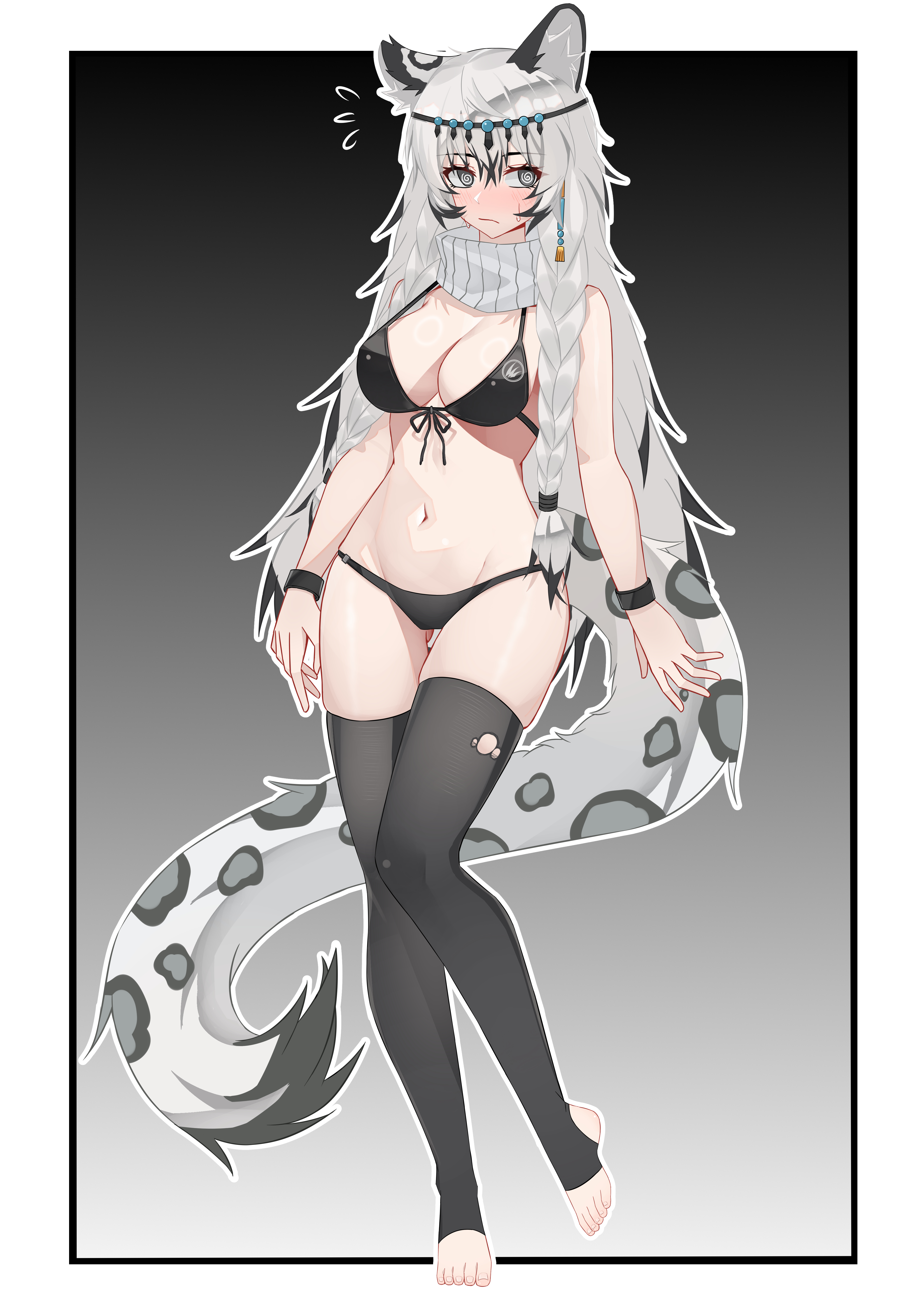muusn, pramanix (arknights), arknights, absurdres, chinese commentary, commentary request, highres, 1girl, @ @, alternate costume, animal ears, bikini, black background, black bikini, black eyes, black hair, black tail, black thighhighs, blush, border, braid, breasts, cleavage, closed mouth, embarrassed, feet, flying sweatdrops, full body, gradient background, grey background, grey hair, grey tail, groin, hair between eyes, kjerag logo, long hair, medium breasts, multicolored hair, navel, outline, outside border, solo, stirrup legwear, streaked hair, sweatdrop, swimsuit, tail, thigh gap, thighhighs, toeless legwear, toes, torn clothes, torn thighhighs, white border, white outline
