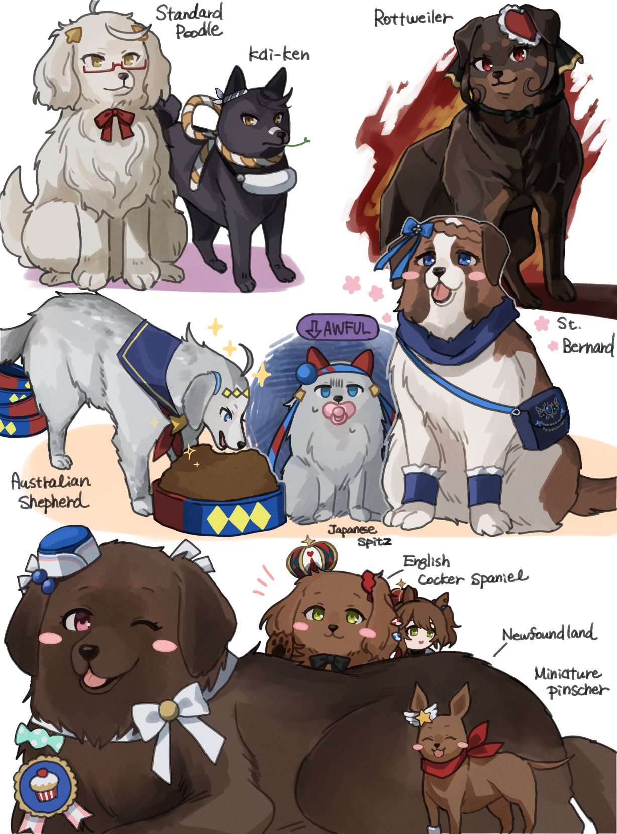 himo (user rzgz5877), aston machan (umamusume), biko pegasus (umamusume), biwa hayahide (umamusume), gentildonna (umamusume), hishi akebono (umamusume), narita brian (umamusume), oguri cap (umamusume), super creek (umamusume), tamamo cross (umamusume), umamusume, commentary, english commentary, highres, animal ears, animal focus, animalization, australian shepherd, bag, bandaid, bandaid on face, bandaid on nose, bandana, bandana around neck, black fur, blue bow, blue eyes, blue hairband, blue sailor collar, blush, bow, bowl, braid, brown fur, character doll, closed mouth, collar, crown, cupcake, dog, doll, ear bow, ear covers, ear ornament, eating, english cocker spaniel, english text, food, green eyes, grey fur, hair ornament, hairband, hat, headband, heart, heart-shaped ornament, heart ear ornament, japanese spitz, kai ken, looking at viewer, miniature pinscher, mood (umamusume), mouth hold, multicolored fur, newfoundland, no humans, open mouth, pacifier, pet bowl, pet food, poodle, recursive animalization, red-framed eyewear, red bandana, red bow, red eyes, red headband, ribbon, rottweiler, sailor collar, semi-rimless eyewear, shoulder bag, smile, st. bernard, stalk in mouth, star (symbol), striped clothes, striped hairband, tail, tongue, tongue out, under-rim eyewear, white bow, white fur, wing ornament, yellow eyes