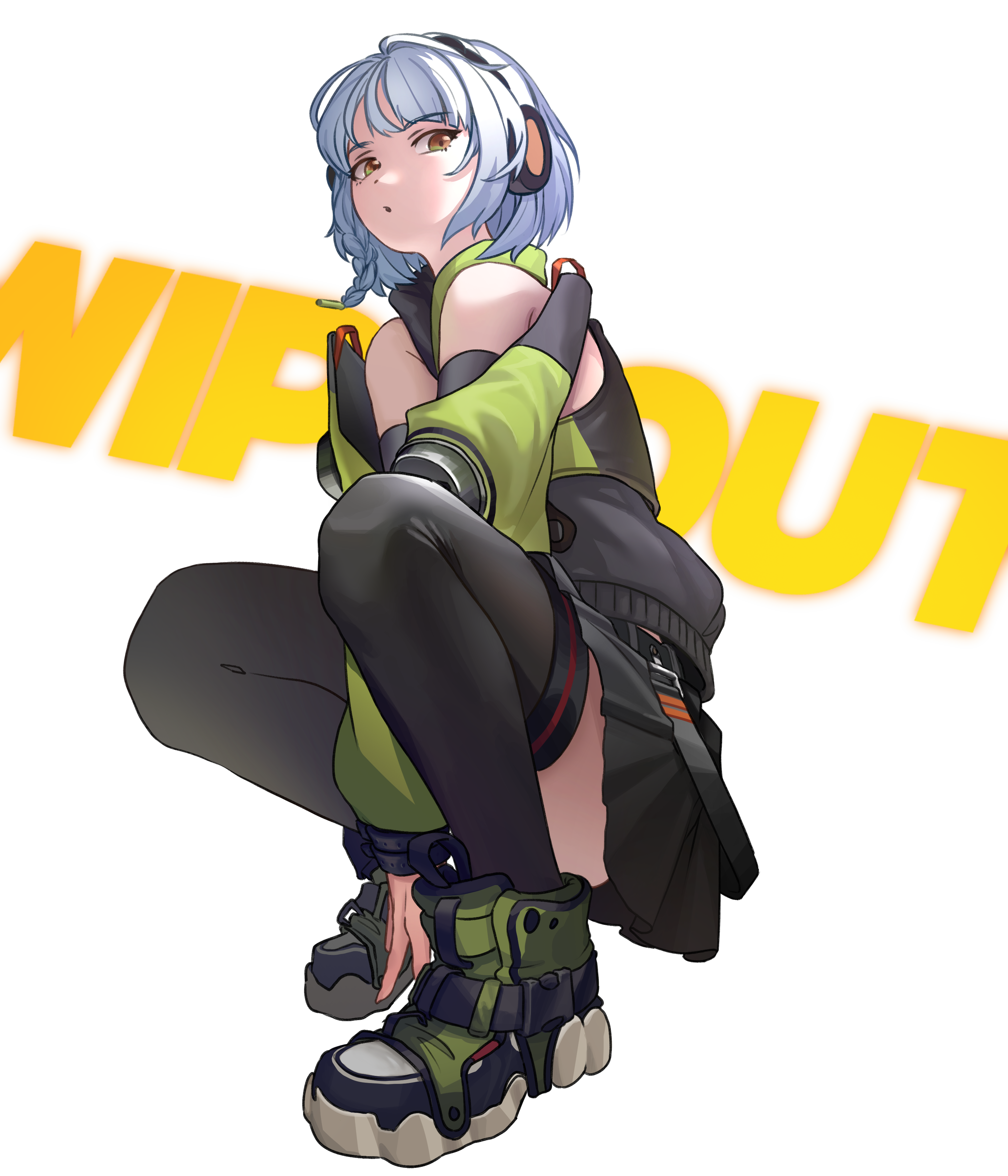 anby demara, zenless zone zero, absurdres, highres, 1girl, aengmeosae, bare shoulders, black jacket, black skirt, black thighhighs, braid, brown eyes, detached sleeves, green jacket, headphones, jacket, long sleeves, looking at viewer, miniskirt, multicolored jacket, pleated skirt, shoes, short hair, simple background, single braid, skirt, solo, squatting, thighhighs, two-tone jacket, white background, white hair