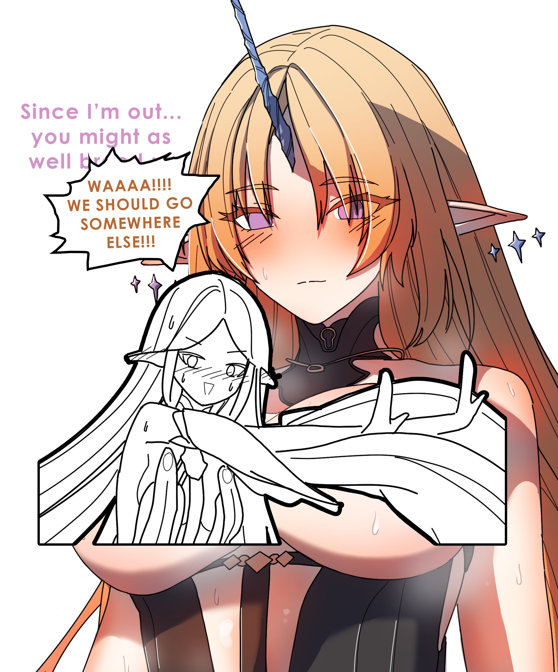 dorahdew, cartethyia (wuthering waves), fleurdelys (wuthering waves), wuthering waves, commentary, english commentary, highres, paid reward available, 2girls, black collar, blonde hair, blue horns, blush, breasts, breasts out, censored, character censor, closed mouth, collar, dual persona, earrings, english text, floating earrings, horns, jewelry, long hair, multiple girls, novelty censor, parted bangs, pointy ears, sidelocks, simple background, single horn, white background