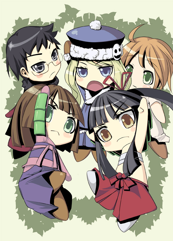 ninomae ichijiku, yama ji, alchemist (sekaiju), alchemist 2 (sekaiju), bushidou (sekaiju), bushidou 2 (sekaiju), bushidou 4 (sekaiju), curse maker, gunner (sekaiju), gunner 2 (sekaiju), jack frost (megami tensei), medic (sekaiju), medic 2 (sekaiju), atlus, etrian odyssey, bad id, bad pixiv id, 5girls, :o, black hair, blue eyes, blunt bangs, brown hair, chibi, closed mouth, expressionless, from behind, glasses, green eyes, hakama, hakama short skirt, hakama skirt, japanese clothes, kimono, long sleeves, looking at viewer, looking back, miko, multiple girls, open mouth, pom pom (clothes), red hakama, red skirt, rimless eyewear, serious, skirt