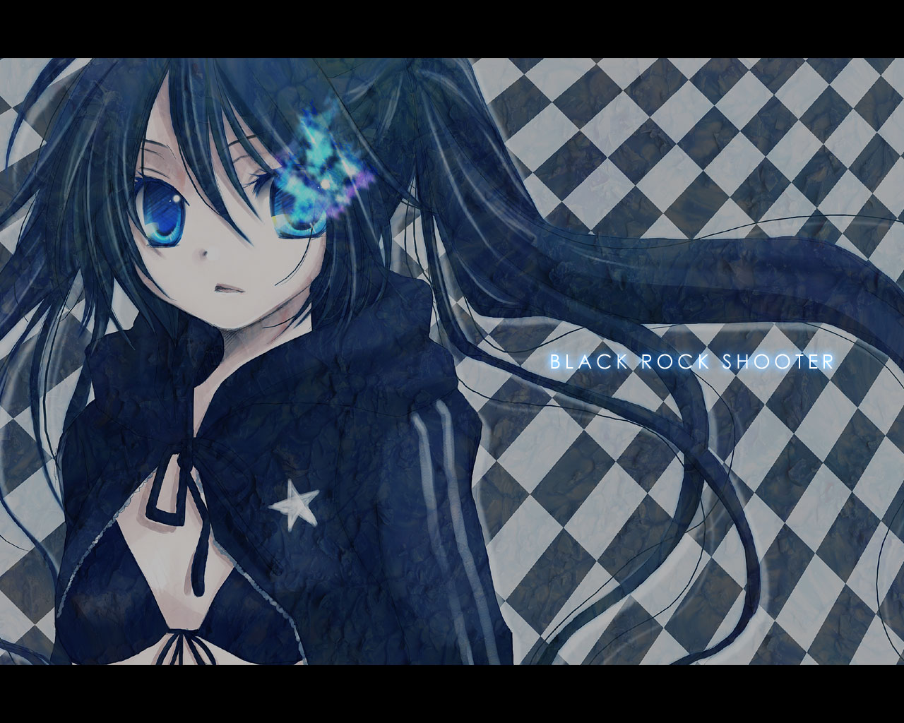 hasumi kouta, black rock shooter (character), hatsune miku, black rock shooter, vocaloid, bad id, bad pixiv id, 10s, 1girl, black hair, blue eyes, female focus, letterboxed, long hair, solo, twintails