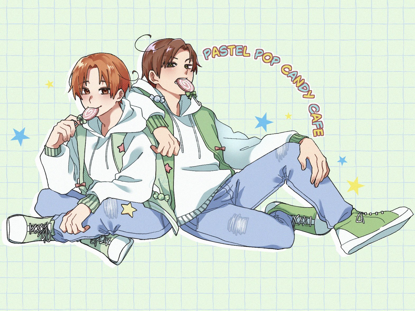 northern italy (hetalia), southern italy (hetalia), axis powers hetalia, 2boys, ahoge, alternate costume, beads, blue pants, blush, bow, brothers, brown eyes, brown hair, candy, checkered background, closed mouth, denim, english text, fingernails, food, full body, green background, green bow, green shoes, green vest, hand up, holding, holding candy, holding food, holding lollipop, hood, hoodie, lollipop, long sleeves, looking at viewer, male focus, multiple boys, n xux i, open mouth, orange eyes, orange hair, pants, pink bow, puffy long sleeves, puffy sleeves, shoes, short hair, siblings, sitting, smile, sneakers, star (symbol), star ornament, swirl lollipop, teeth, twins, vest, white hoodie