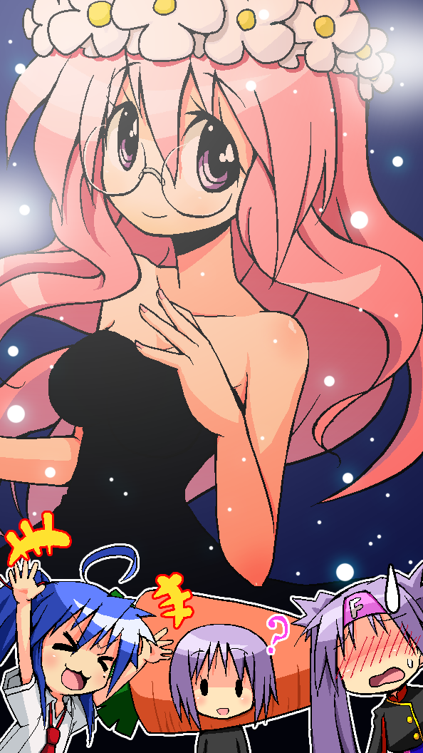 shirono, endou aya, hiiragi kagami, hiiragi tsukasa, izumi konata, klan klein, ranka lee, saotome alto, sheryl nome, takara miyuki, lucky star, macross, macross frontier, > <, 4girls, :3, ?, breasts, closed eyes, cosplay, glasses, klan klein (cosplay), mole, mole under eye, multiple girls, parody, ranka lee (cosplay), saotome alto (cosplay), school uniform, sheryl nome (cosplay), sisters, sweatdrop, twins, voice actor connection