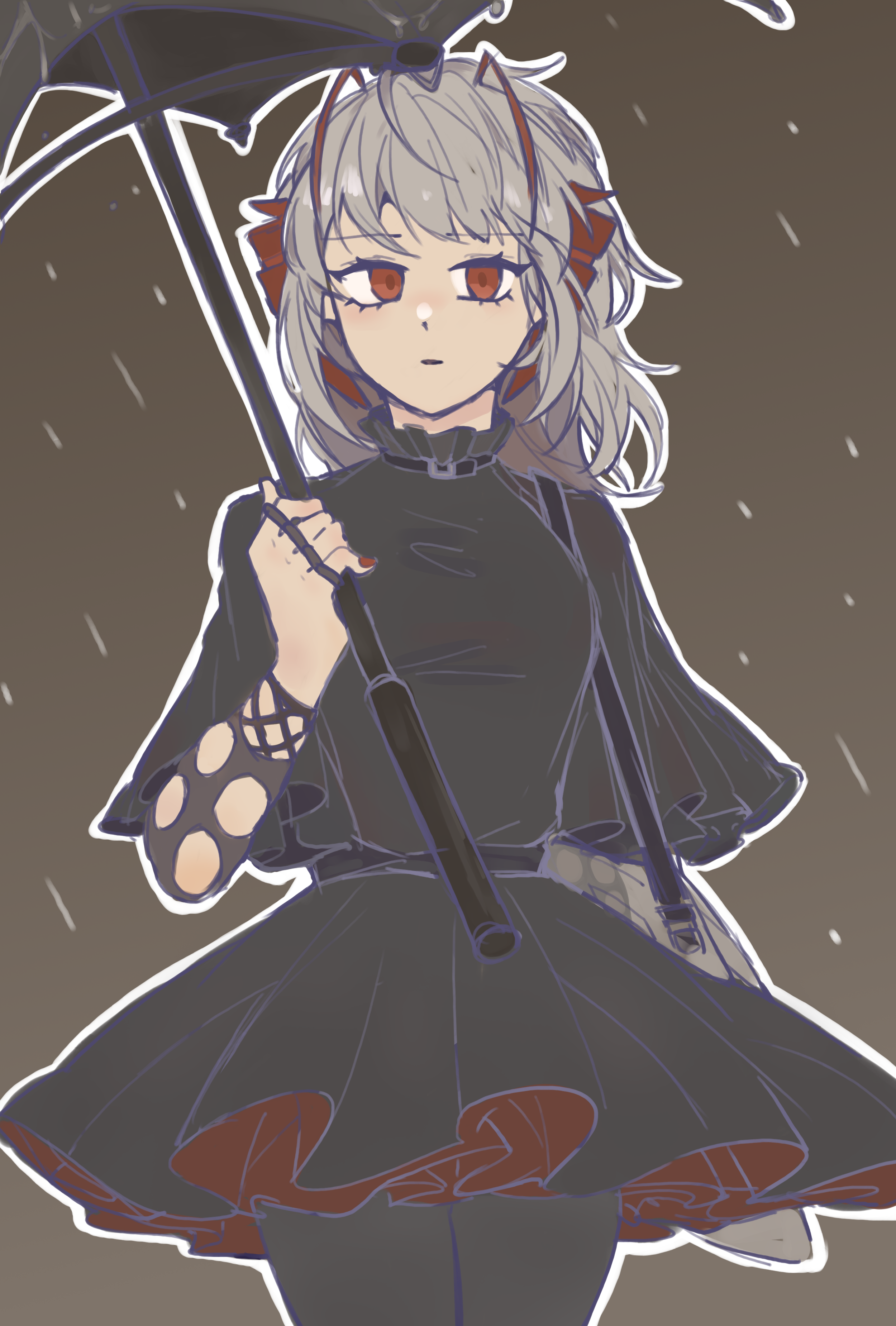softtoast, w (arknights), arknights, absurdres, highres, 1girl, antenna hair, black pantyhose, black shirt, black skirt, brown background, brown eyes, brown hair, brown skirt, cowboy shot, grey hair, holding, holding umbrella, looking at viewer, medium hair, miniskirt, multicolored hair, outline, pantyhose, parted lips, rain, shirt, skirt, solo, standing, streaked hair, two-sided fabric, two-sided skirt, umbrella, white outline