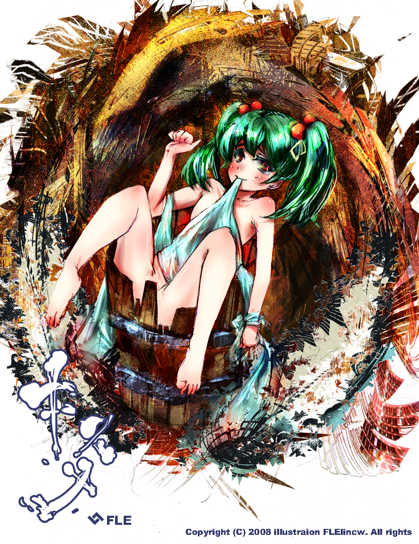 ein (pixiv), ein (zfenx), kisume, touhou, bad id, bad pixiv id, 1girl, bucket, female focus, green hair, in bucket, in container, nude, solo, twintails
