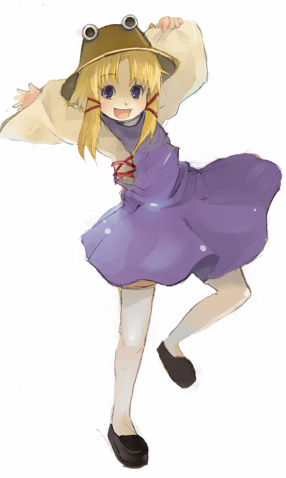 zeni, zeni (pixiv), moriya suwako, touhou, 1girl, blonde hair, dress, female focus, full body, hat, ribbon, short hair, simple background, solo, thighhighs, white background, white thighhighs