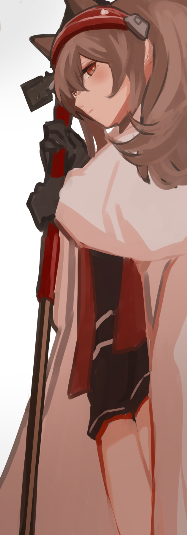 360 (taiyo360), angelina (arknights), arknights, highres, 1girl, animal ears, black gloves, black shorts, brown eyes, brown hair, closed mouth, coat, expressionless, extra ears, fox ears, fox girl, from below, gloves, hair between eyes, hairband, holding, holding staff, jacket, long hair, long sleeves, looking at viewer, open clothes, open coat, open jacket, red eyes, red hairband, red jacket, short shorts, shorts, simple background, staff, striped clothes, striped hairband, twintails, two-tone hairband, white background, white coat
