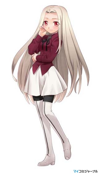 hirai yukio, irisviel von einzbern, fate/stay night, fate/tiger colosseum, fate/zero, fate (series), lowres, 00s, 1girl, albino, black pantyhose, boots, female focus, hand on own cheek, hand on own face, japanese text, long hair, long sleeves, looking at viewer, miniskirt, pantyhose, red eyes, skirt, solo, thigh boots, thighhighs, very long hair, white boots, white hair, white skirt