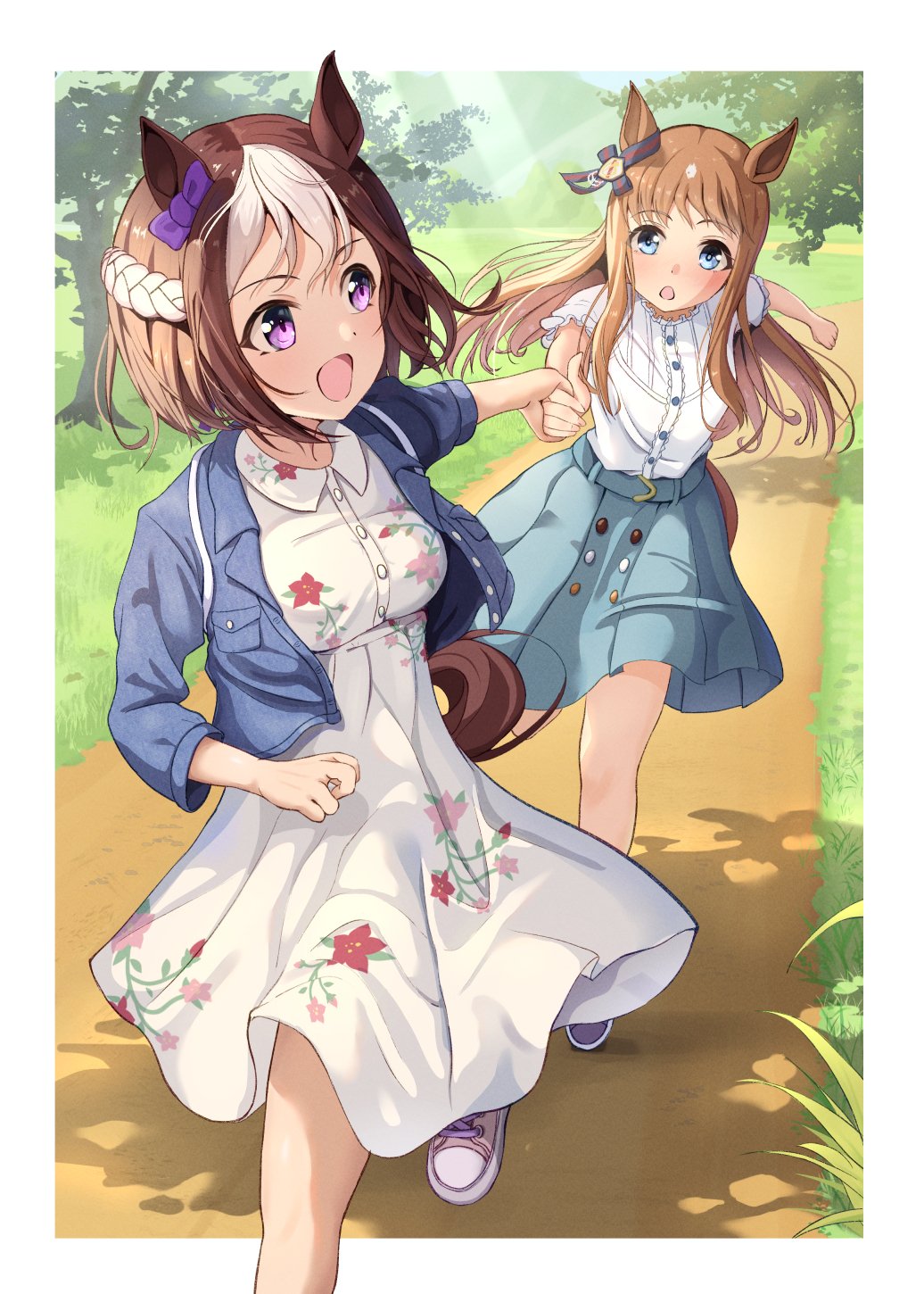 shuten (shutehaan), grass wonder (umamusume), special week (umamusume), umamusume, commentary request, highres, animal ears, blue eyes, blue jacket, blue skirt, blush, bow, braid, breasts, brown hair, collared dress, day, dress, ear bow, ear ornament, ear ribbon, floral print, floral print dress, grass, holding hands, horse ears, horse girl, horse tail, jacket, long hair, medium breasts, multicolored hair, multiple girls, open clothes, open jacket, open mouth, outdoors, print dress, purple bow, purple eyes, shirt, short hair, short sleeves, skirt, smile, tail, tree, two-tone hair, white dress, white hair, white shirt
