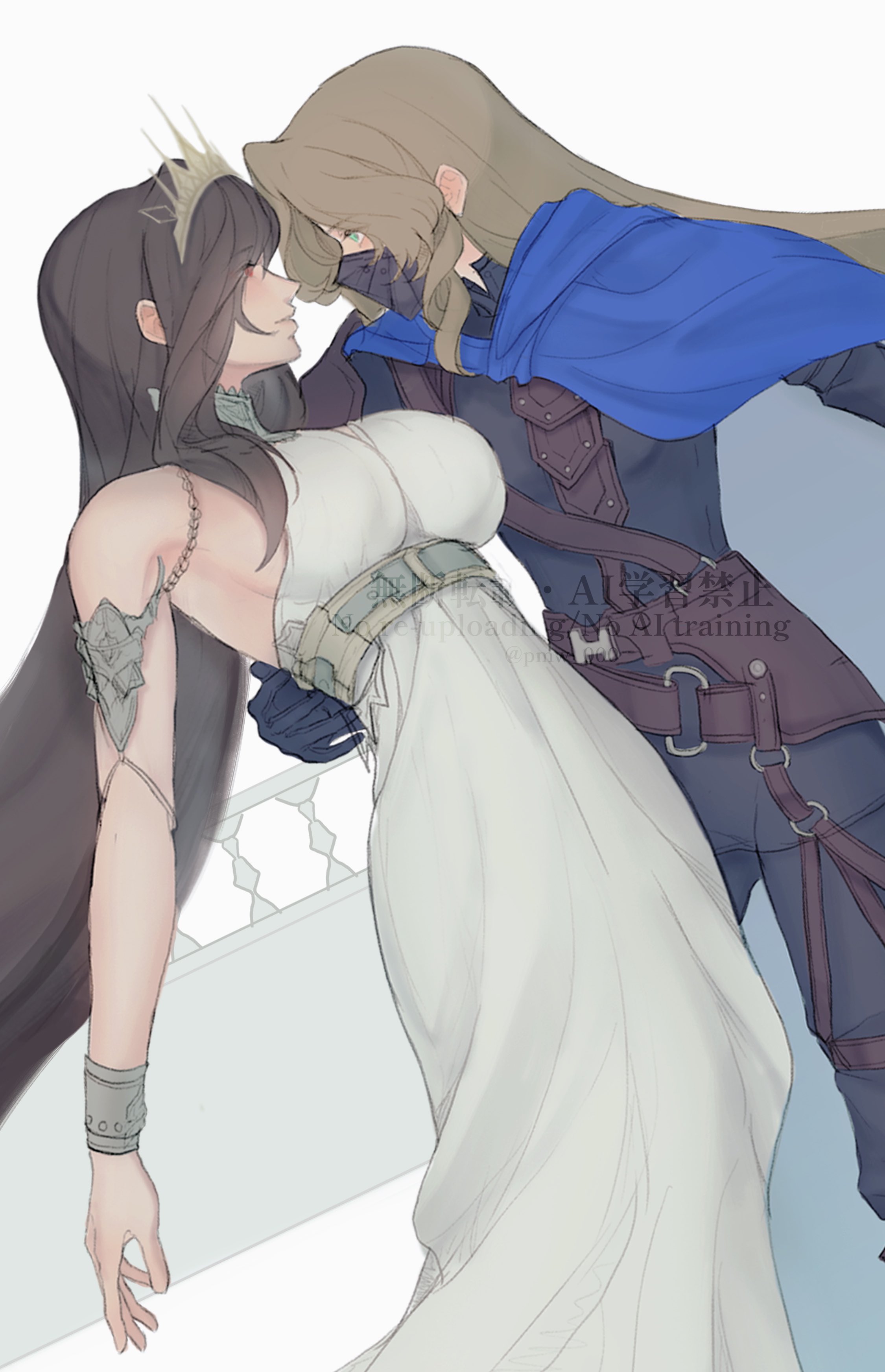 messa mo, aerith gainsborough, cloud strife, cloud strife (alphreid costume), tifa lockhart, tifa lockhart (loveless dress), final fantasy, final fantasy vii, final fantasy vii rebirth, final fantasy vii remake, absurdres, commentary request, highres, 2girls, armlet, black hair, blue cape, bracelet, breasts, brown hair, cape, cloud strife (cosplay), cosplay, crossdressing, crossdressing (ftm), crown, dress, feet out of frame, from side, green eyes, jewelry, large breasts, leaning back, leaning forward, long hair, looking at another, mask, mouth mask, multiple girls, princess rosa costume, profile, red eyes, sleeveless, sleeveless dress, tiara, white background, white dress