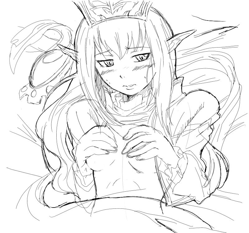 elvaan, prishe, final fantasy, final fantasy xi, 00s, 1girl, blush, breasts, elf, female focus, greyscale, lying, monochrome, pointy ears, solo