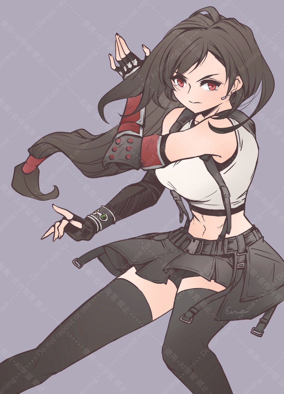 eiria0228, tifa lockhart, final fantasy, final fantasy vii, final fantasy vii rebirth, final fantasy vii remake, commentary request, highres, 1girl, animal ears, bare shoulders, bike shorts under skirt, black hair, black skirt, black thighhighs, bracelet, breasts, closed mouth, crop top, feet out of frame, fighting stance, fingerless gloves, gloves, jewelry, large breasts, long hair, looking at viewer, low-tied long hair, midriff, navel, red eyes, single arm guard, skirt, solo, suspender skirt, suspenders, tank top, thighhighs, white tank top