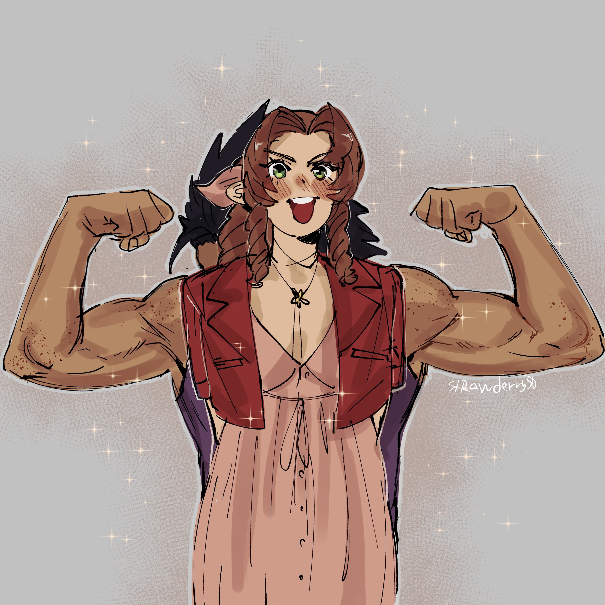 strawderryst, aerith gainsborough, zack fair, final fantasy, final fantasy vii, final fantasy vii remake, absurdres, commentary, highres, symbol-only commentary, 1boy, 1girl, arms behind back, bare arms, bare shoulders, black hair, blush, brown hair, dress, drill hair, drill sidelocks, flexing, green eyes, grey background, hair ribbon, jacket, long hair, looking at viewer, muscular, muscular male, open clothes, open jacket, open mouth, parted bangs, pink dress, pink ribbon, red jacket, ribbon, sidelocks, sparkle, spiked hair, straight-on, upper body