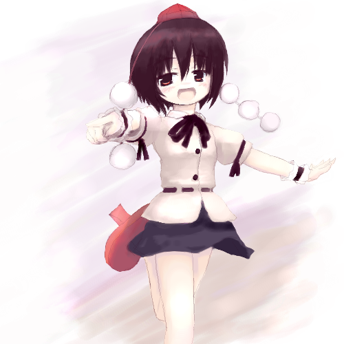 tsubasa (abchipika), shameimaru aya, touhou, lowres, 1girl, female focus, geta, hat, looking at viewer, open mouth, solo, tengu-geta
