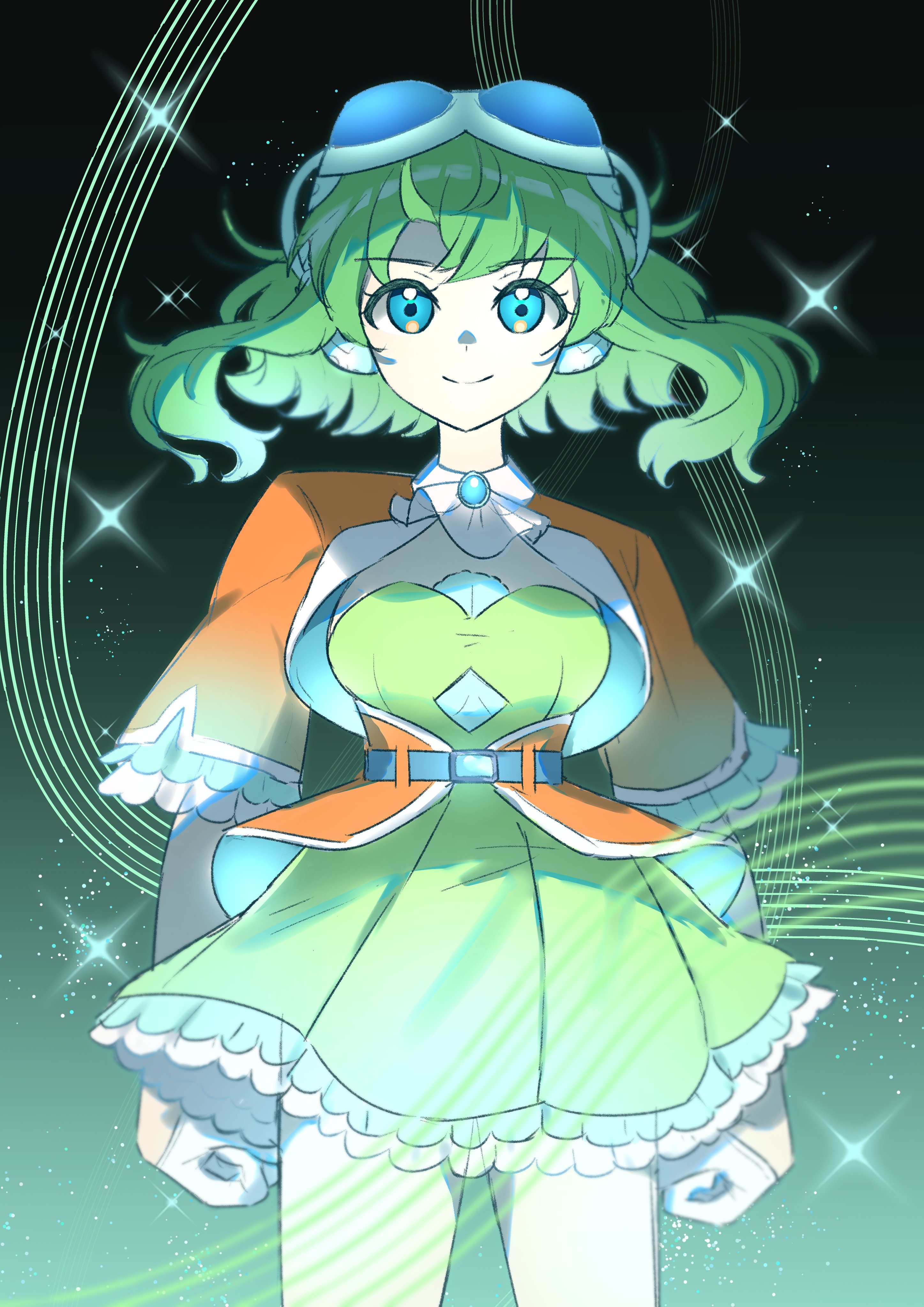 meteorite (yurenlin8), gumi, vocaloid, absurdres, highres, 1girl, ascot, belt, black background, blue-tinted eyewear, blue belt, blue eyes, blue gemstone, breasts, buttons, clenched hands, closed mouth, cowboy shot, diamond button, dress, floating hair, frills, gem, gloves, goggles, goggles on head, gradient background, green background, green hair, headphones, jacket, jewelry, looking at viewer, medium breasts, open clothes, open jacket, pendant, red jacket, short hair, short sleeves, sleeveless, sleeveless dress, smile, solo, sparkle background, standing, strapless, strapless dress, tinted eyewear, white-framed eyewear, white ascot, white gloves, wide sleeves, yellow dress