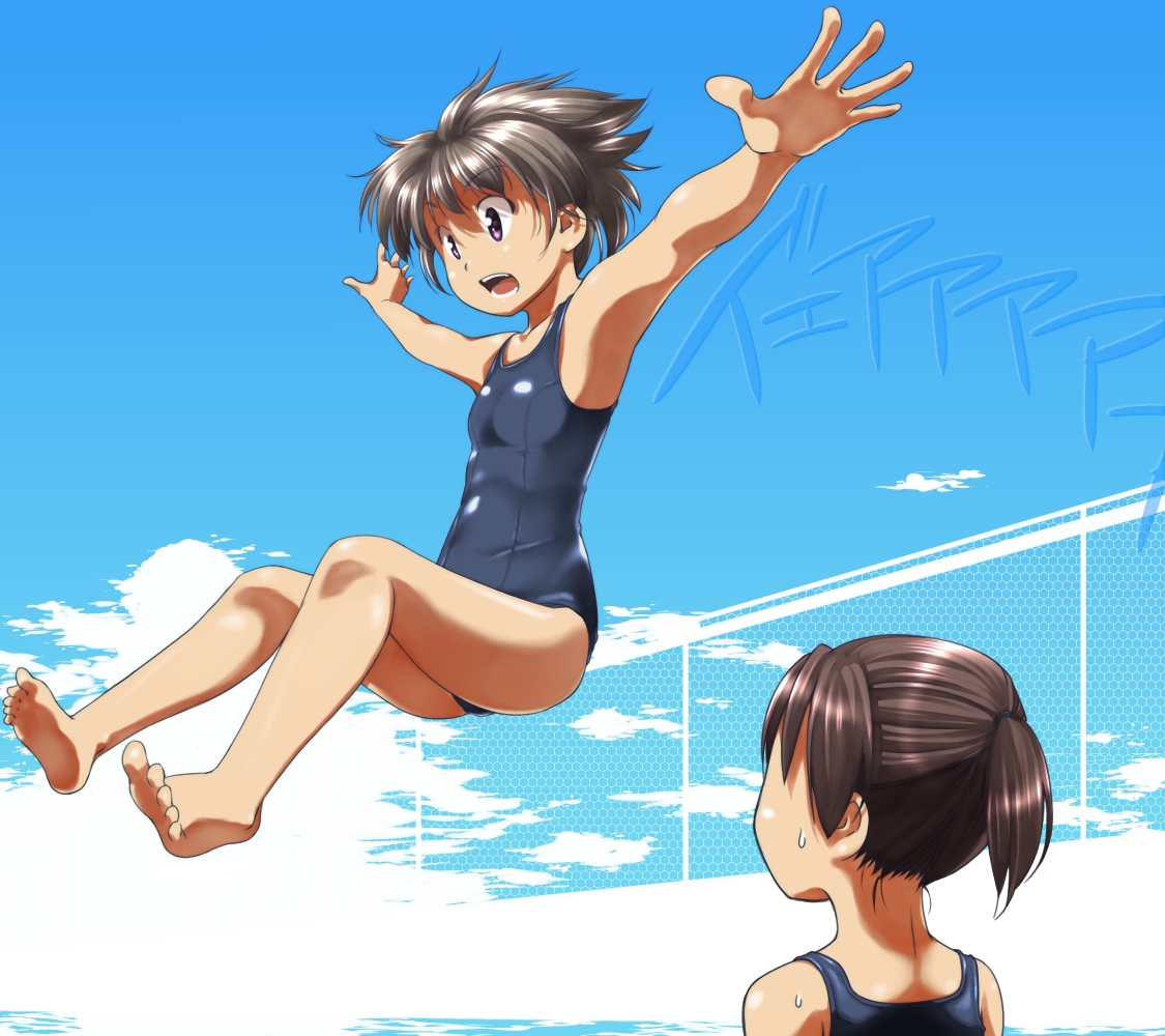ttomm, niconico, noroi no yakata, original, 2girls, armpits, barefoot, chain-link fence, day, feet, fence, flat chest, flying, foreshortening, jumping, multiple girls, one-piece swimsuit, outdoors, outstretched arms, ponytail, pool, poolside, school swimsuit, shouting, spread arms, swimsuit