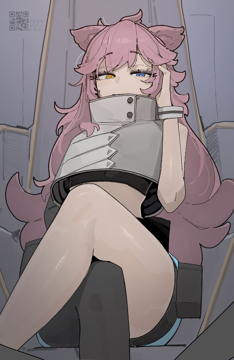 azz0422, ai.mi (omega strikers), omega strikers, commentary, english commentary, highres, 1girl, ahoge, animal ears, armlet, artist name, asymmetrical clothes, bare shoulders, bike shorts, black thighhighs, blue eyes, covered mouth, crop top, crossed legs, eyelashes, heterochromia, high collar, jewelry, long hair, looking at viewer, orange eyes, pink hair, qr code, raised eyebrows, single bare arm, single bare leg, single thighhigh, sitting, sitting on throne, sleeveless, solo, thighhighs
