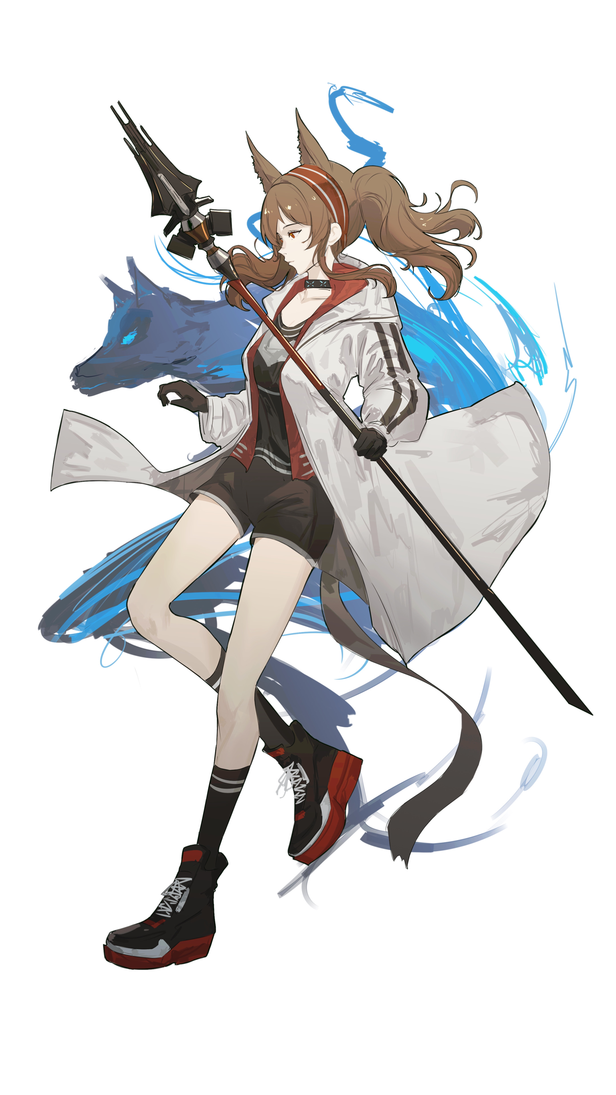 naoel (naoel art), angelina (arknights), infection monitor (arknights), arknights, absurdres, commentary, highres, 1girl, animal ears, black collar, black shirt, black shoes, black shorts, black socks, brown hair, coat, coattails, collar, expressionless, floating clothes, floating hair, fox, fox ears, fox girl, full body, hairband, holding, holding staff, jacket, kneehighs, long hair, long sleeves, looking to the side, no tail, nose, open clothes, open coat, open jacket, originium arts (arknights), red hairband, red jacket, shirt, shoes, shorts, simple background, sneakers, socks, solo, staff, striped clothes, striped hairband, twintails, two-tone hairband, white background, white coat