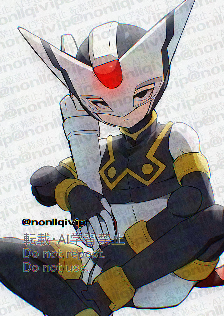 yamanashi taiki, hidden phantom (mega man), mega man (series), mega man zero (series), 1boy, armor, black armor, black helmet, forehead jewel, helmet, ninja, simple background, sitting, solo, watermark, white background