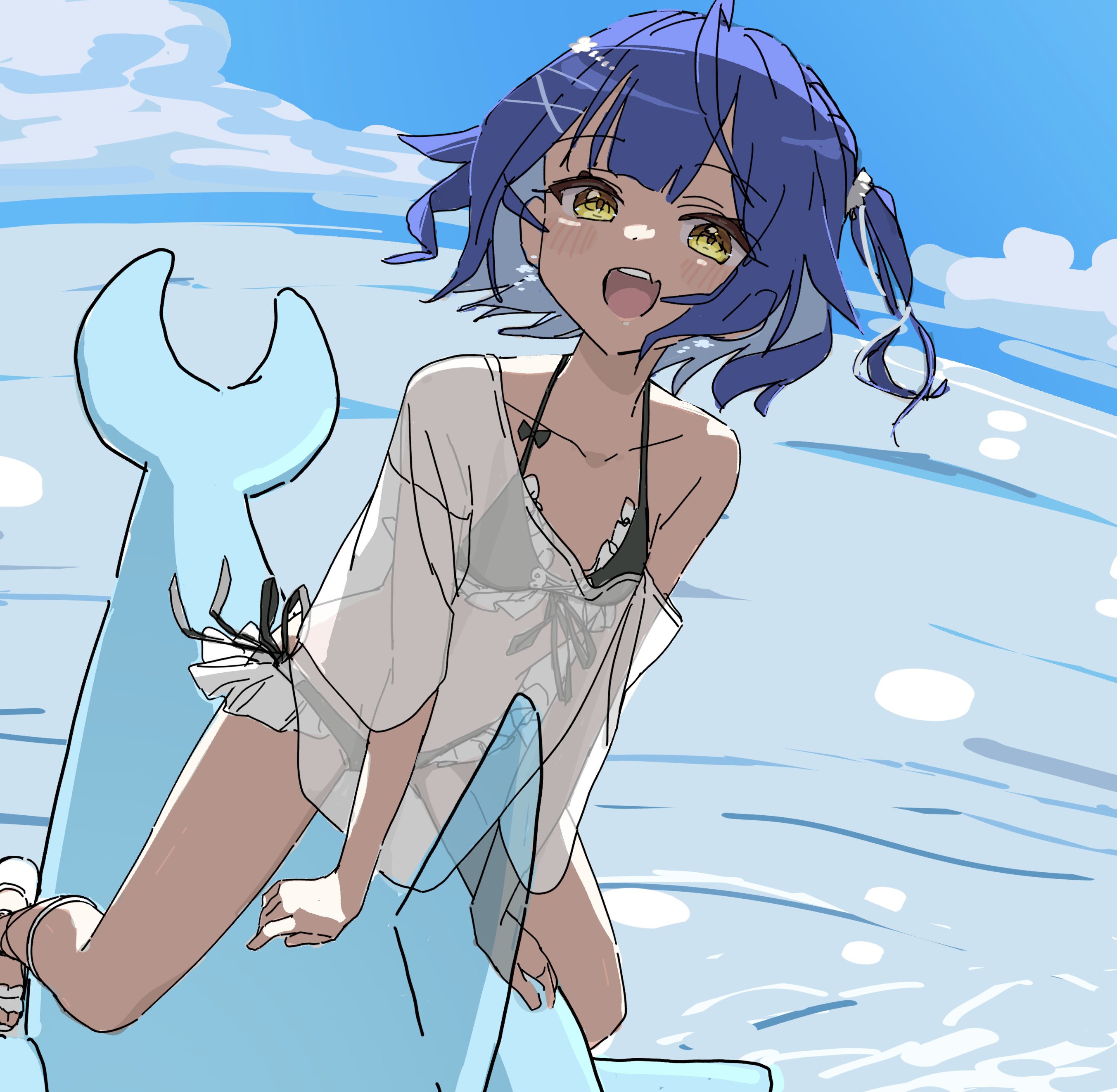 oninome tsuki, amamiya kokoro, nijisanji, absurdres, highres, 1girl, :d, bikini, bikini under clothes, black bikini, blue hair, blue sky, blush, breasts, cloud, cross-laced bikini, cross-laced clothes, dolphin innertube, earrings, flower earrings, frilled bikini, frills, hair ornament, hat, holding, holding water gun, innertube, jewelry, looking at viewer, medium hair, ocean, on innertube, open mouth, oversized clothes, oversized shirt, sandals, see-through clothes, see-through shirt, shirt, shirt slip, side-tie bikini bottom, sky, small breasts, smile, solo, straw hat, swim ring, swimsuit, teeth, upper teeth only, virtual youtuber, water, water gun, waves, white shirt, x hair ornament, yellow eyes