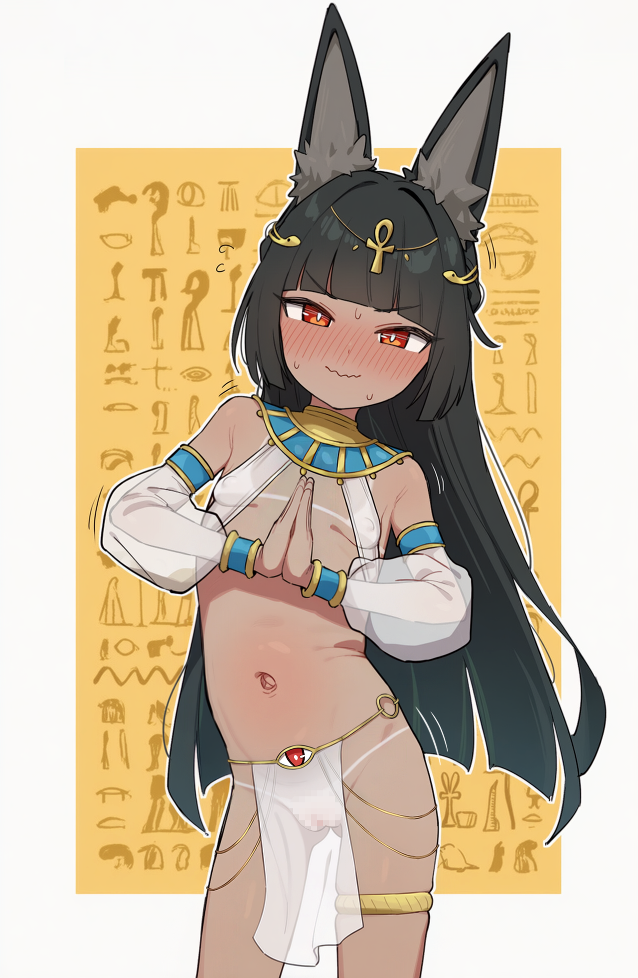 hateaicringe, hoshimi miyabi, tailless (zenless zone zero), zenless zone zero, covered pussy, slim legs, ai-assisted, highres, aged down, ancient egyptian, ancient egyptian clothes, animal ear fluff, animal ears, ankh, ankh hair ornament, armlet, ass, bare shoulders, belt, bikini tan, black hair, blunt bangs, blush, border, bracelet, breasts, bright pupils, censored, chain, closed mouth, contrapposto, covered erect nipples, cowboy shot, detached sleeves, embarrassed, fat mons, flying sweatdrops, fox ears, fox girl, full-face blush, gluteal fold, gold, gold chain, gold thighlet, gold trim, hair ornament, hieroglyphics, if you want to become a godly artist (trend), jewelry, long hair, looking at viewer, mosaic censoring, navel, o-ring, o-ring belt, outline, outside border, own hands together, palms together, pelvic curtain, petite, puffy detached sleeves, puffy sleeves, pussy, red eyes, revealing clothes, sagging breasts, see-through clothes, see-through pelvic curtain, see-through sleeves, skindentation, small breasts, snake hair ornament, standing, stomach, swaying hip, sweat, sweatdrop, tan, tanline, thighlet, usekh collar, v-shaped eyebrows, wavy mouth, white border, white outline, white pupils