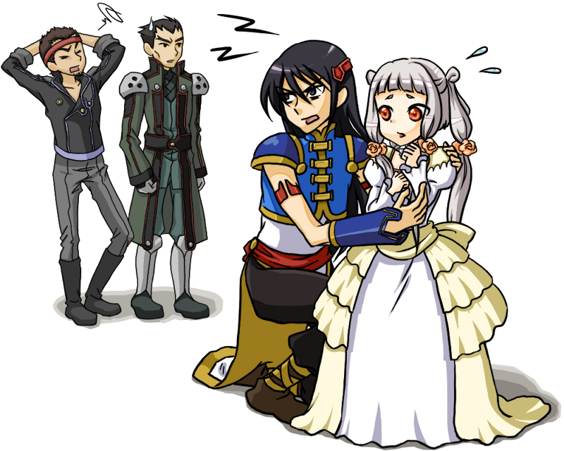 chiwa, li xingke, tianzi, code geass, silver hair, 00s, 1girl, 3boys, bride, chinese clothes, dress, multiple boys, order of the black knights uniform, tangzhuang, wedding dress