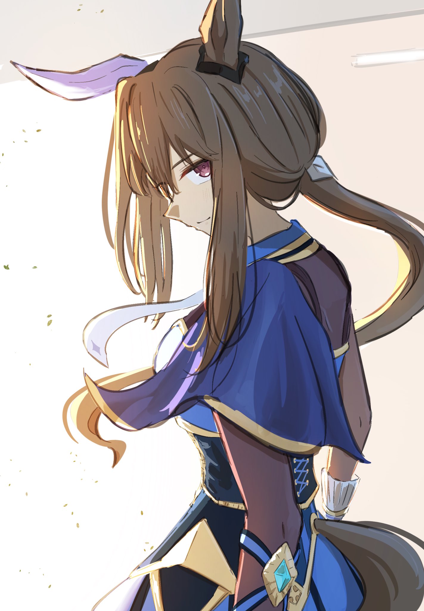 disfiro03, admire vega (umamusume), umamusume, commentary request, highres, 1girl, admire vega (starry nocturne) (umamusume), animal ears, blue dress, brown hair, closed mouth, dress, ear covers, ear ornament, hair between eyes, horse ears, horse girl, horse tail, long hair, long sleeves, looking at viewer, looking back, low ponytail, necktie, ponytail, purple eyes, simple background, single ear cover, smile, solo, tail, upper body, white necktie