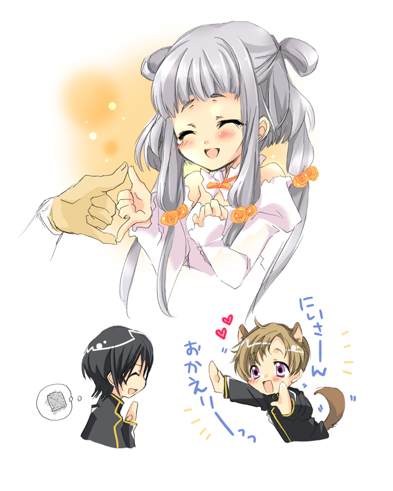 lelouch vi britannia, rolo lamperouge, tianzi, code geass, silver hair, 00s, 1girl, 2boys, bride, dress, multiple boys, wedding dress