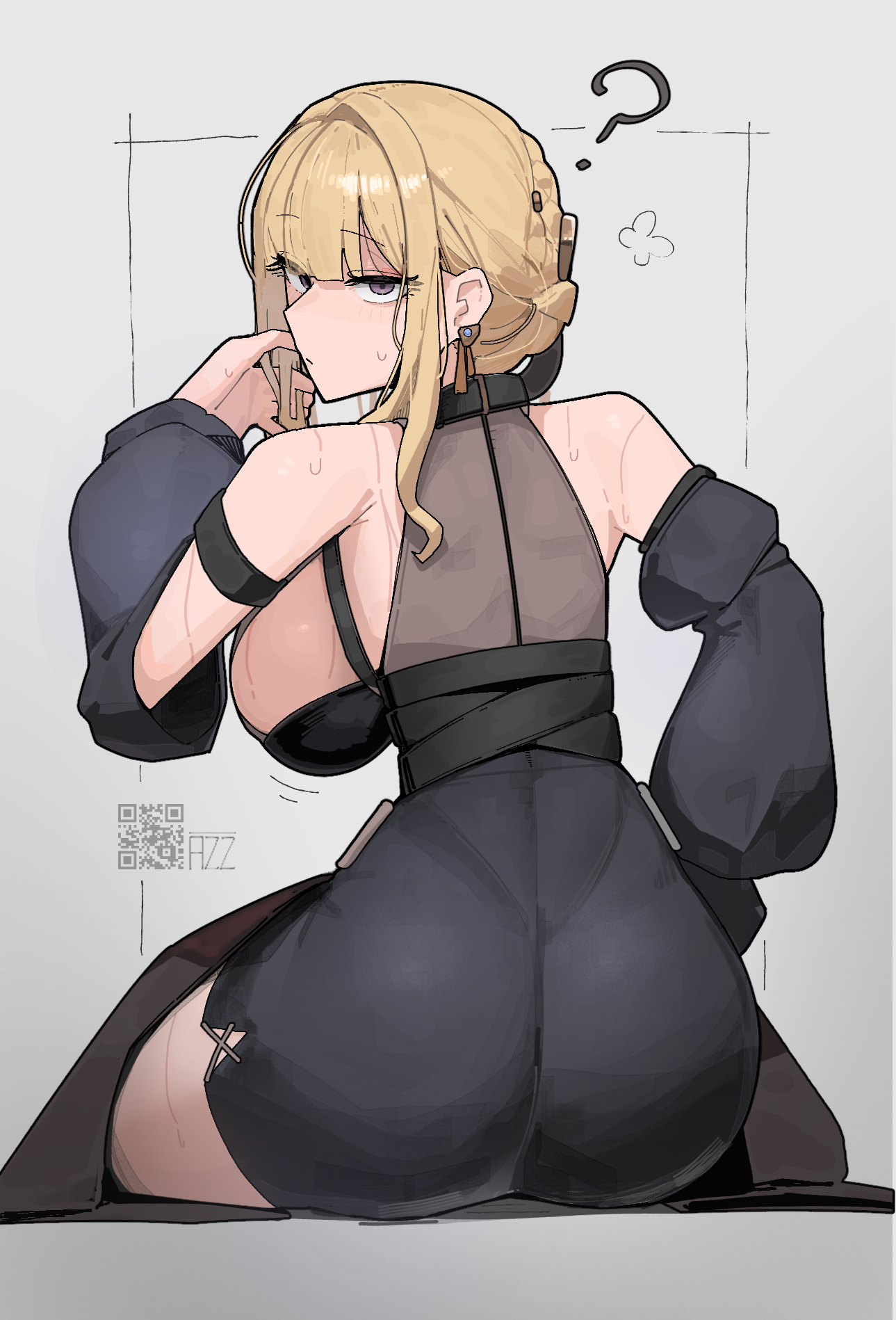 azz0422, evelyn chevalier, zenless zone zero, highres, 1girl, ?, alternate costume, artist name, ass, back, belt collar, black choker, black dress, black sleeves, blonde hair, breasts, chest harness, choker, closed mouth, collar, detached sleeves, dress, from behind, grey background, harness, jacket, jacket on knees, large breasts, looking at viewer, narrow waist, narrowed eyes, pencil dress, purple eyes, qr code, raised eyebrows, sidelocks, solo, sweatdrop