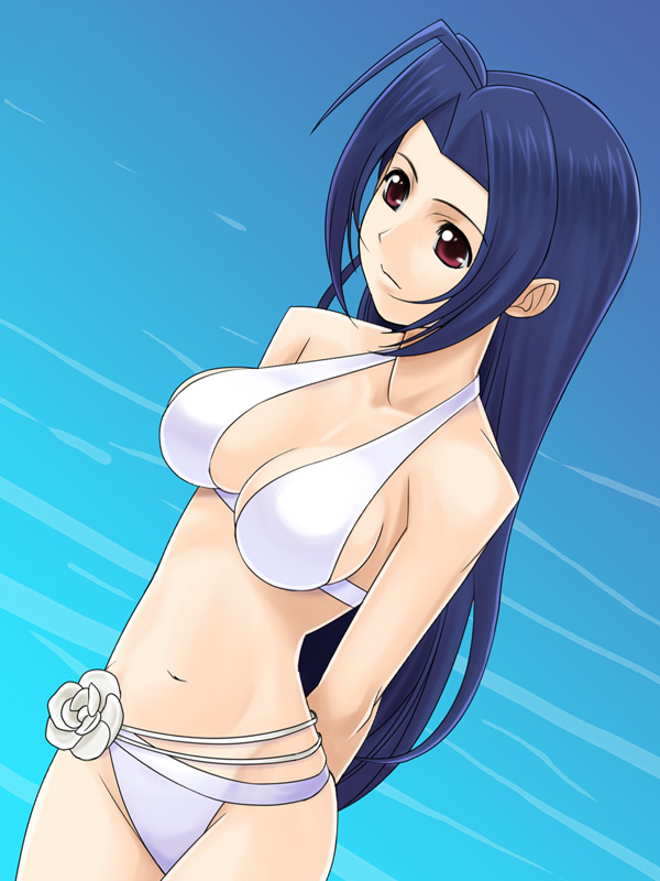 muhi11234, miura azusa, idolmaster, idolmaster (classic), 00s, 1girl, ahoge, bikini, blue hair, breasts, female focus, large breasts, long hair, ocean, red eyes, solo, swimsuit, white bikini