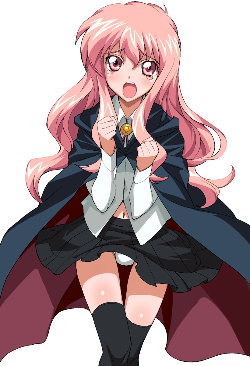a1 (initial-g), louise francoise le blanc de la valliere, zero no tsukaima, highres, 00s, 1girl, cape, female focus, long hair, navel, panties, pantyshot, pentacle, pink hair, school uniform, serafuku, solo, tears, thigh gap, thighhighs, underwear, zettai ryouiki