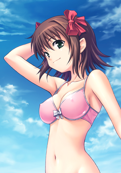 michi, amami haruka, idolmaster, idolmaster xenoglossia, 00s, 1girl, bikini, breasts, brown hair, cloud, covered erect nipples, day, female focus, green eyes, medium breasts, pink bikini, ribbon, short hair, sky, solo, swimsuit