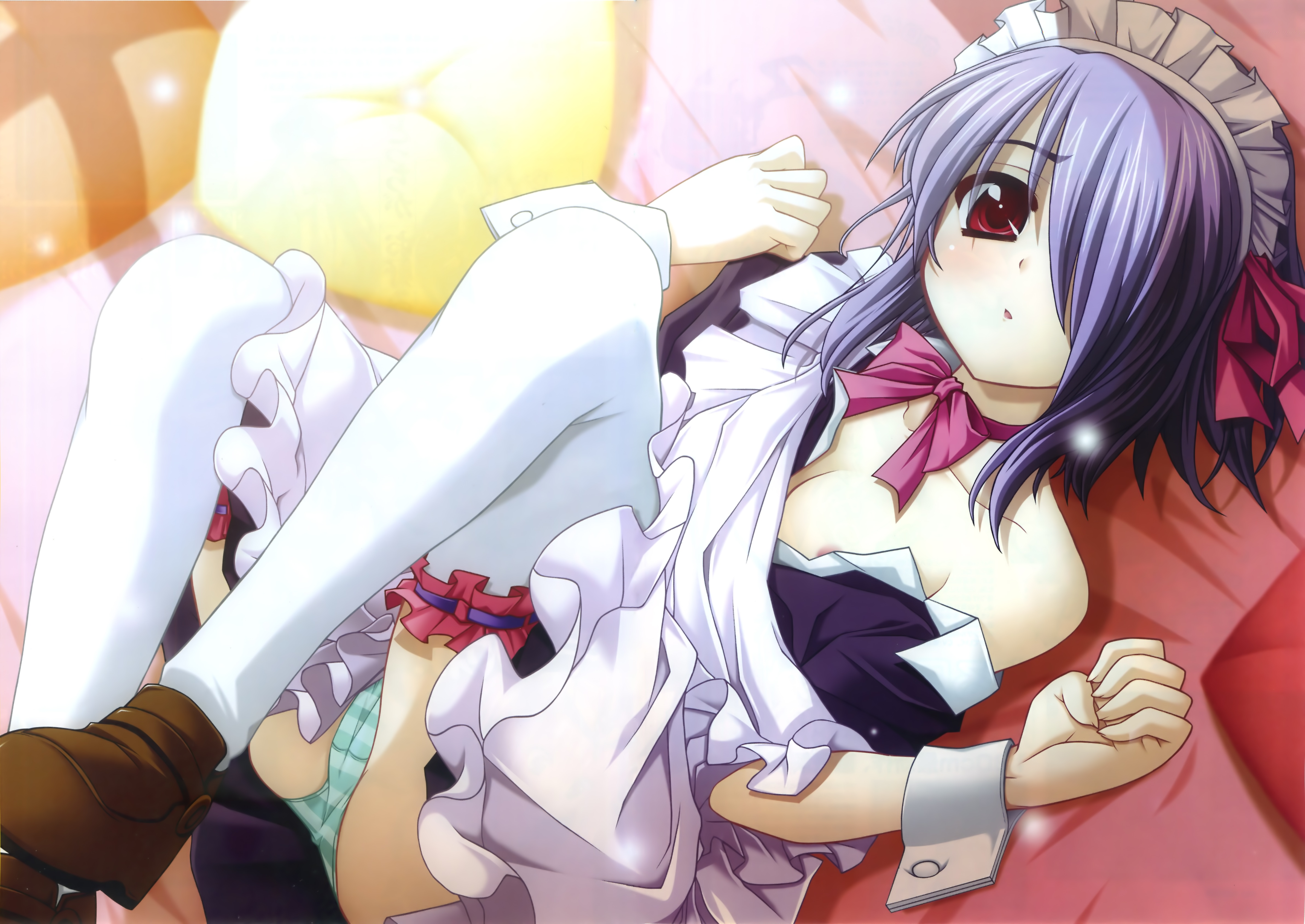 absurdres, highres, 1girl, cameltoe, female focus, hair over one eye, hairband, lying, maid, maid headdress, purple hair, red eyes, ribbon, short hair, solo, thighhighs, white thighhighs, zettai ryouiki