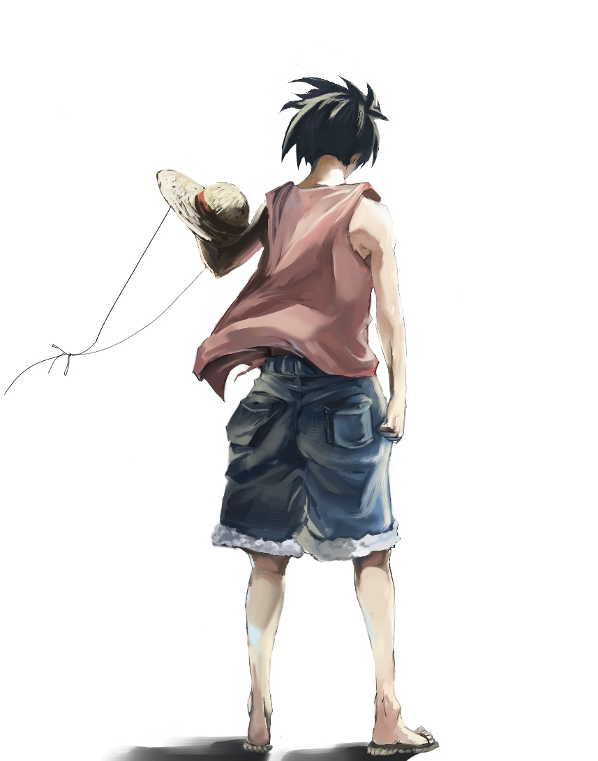 iridori, monkey d. luffy, one piece, 1boy, back, black hair, full body, hat, male focus, sandals, short hair, shorts, simple background, solo, standing, straw hat, unworn hat, unworn headwear, vest, wind