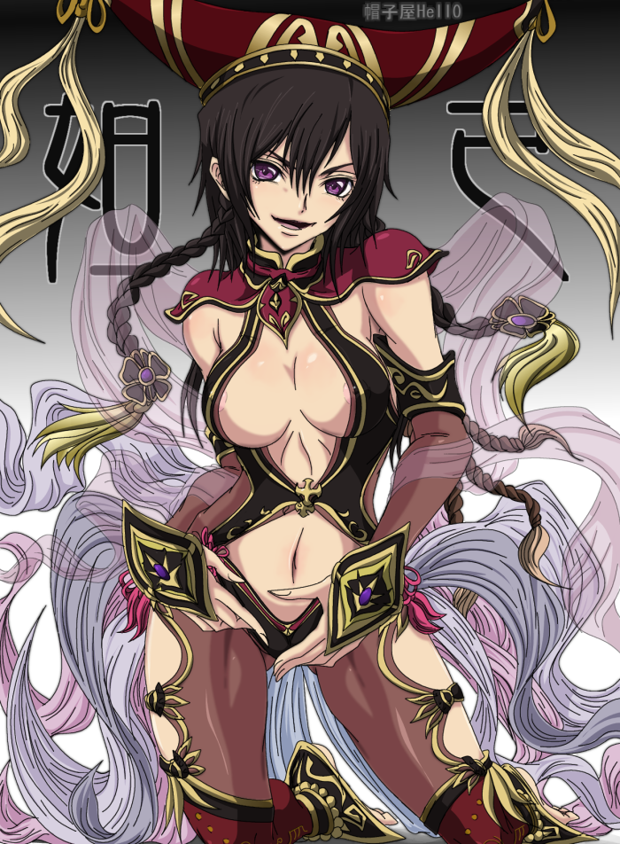 madhatter hello, da ji, lelouch vi britannia, luluko, code geass, musou orochi, bad id, bad pixiv id, 1girl, areola slip, black hair, braid, breasts, cleavage, cosplay, covered erect nipples, da ji (cosplay), female focus, genderswap, genderswap (mtf), hat, large breasts, long hair, midriff, navel, nipple slip, nipples, purple eyes, solo, twin braids