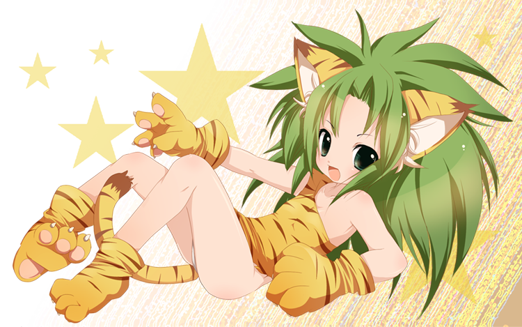 cham cham, samurai spirits, snk, 1girl, animal ears, animal hands, animal print, female focus, gloves, green eyes, green hair, matching hair/eyes, panties, pantyshot, paw gloves, paw shoes, shoes, solo, tail, tiger print, underwear