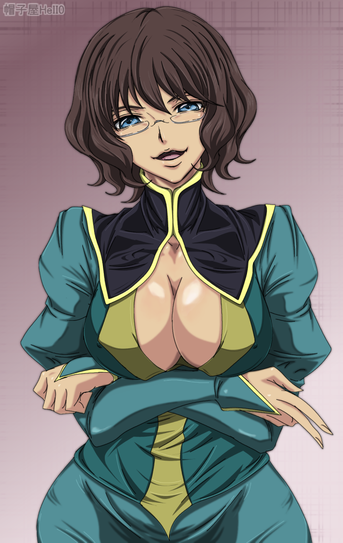 madhatter hello, shirin bakhtiar, gundam, gundam 00, breast hold, bad id, bad pixiv id, 00s, 1girl, blue eyes, breasts, brown hair, cleavage, covered erect nipples, crossed arms, curvy, dress, female focus, glasses, large breasts, open mouth, short hair, solo