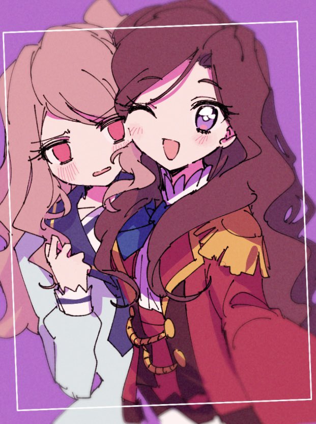 dangan (g7mogmog), kasumi mahiru, kasumi yozora, aikatsu! (series), aikatsu stars!, commentary request, 2girls, :d, blonde hair, blue dress, blue necktie, blurry, brown hair, cheek-to-cheek, depth of field, dress, hand up, heads together, jacket, light blush, long hair, long sleeves, looking at viewer, multiple girls, necktie, no pupils, one eye closed, open mouth, panties, pink eyes, purple eyes, red jacket, s4 uniform, school uniform, siblings, sisters, smile, taking picture, underwear, upper body, wavy hair, white panties, yotsuboshi academy school uniform