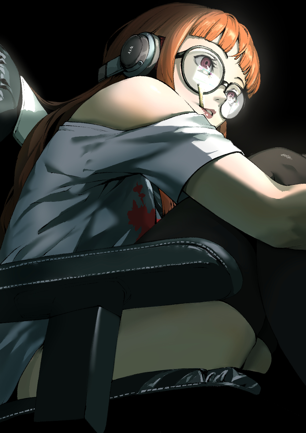 macossa, sakura futaba, persona, persona 5, highres, 1girl, behind-the-head headphones, black-framed eyewear, black background, black thighhighs, blunt bangs, food in mouth, glasses, headphones, orange hair, parted lips, purple eyes, shirt, sitting, solo, thighhighs, thighs, white shirt