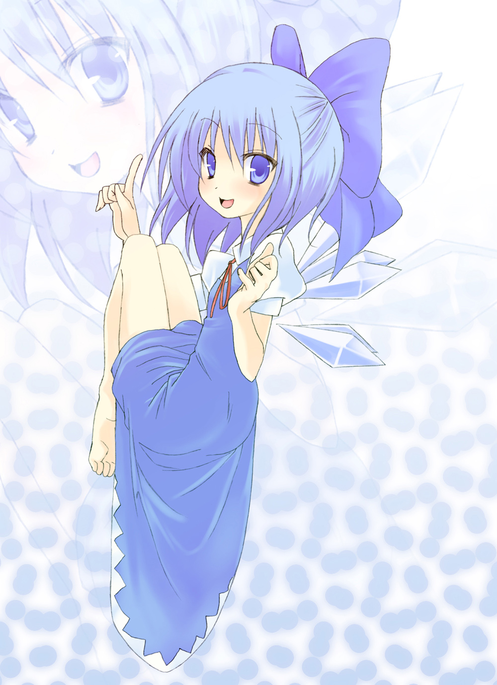 nigo (aozoragarou), cirno, embodiment of scarlet devil, touhou, highres, 1girl, barefoot, blue eyes, blue hair, bow, female focus, hair ribbon, looking back, matching hair/eyes, pointing, ribbon, short hair, smile, solo, wings, zoom layer