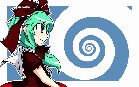 iyau, kagiyama hina, touhou, 1girl, collar, dress, female focus, frills, from side, front ponytail, green eyes, green hair, matching hair/eyes, profile, puffy short sleeves, puffy sleeves, red dress, shawl, short sleeves, solo
