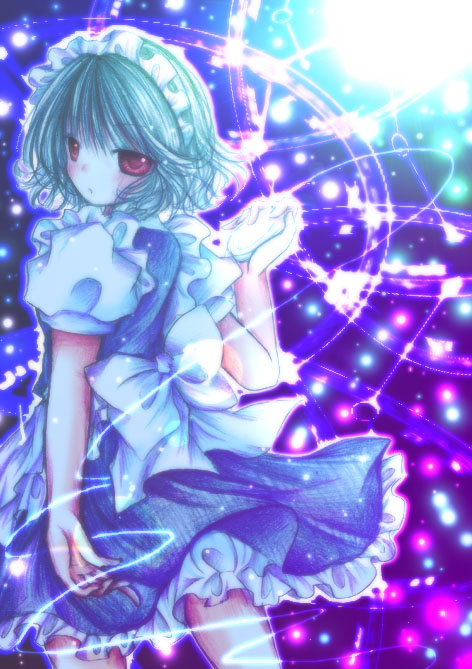 kasuga sunao, izayoi sakuya, touhou, bad id, bad pixiv id, 1girl, clock, female focus, gradient background, maid, short hair, solo