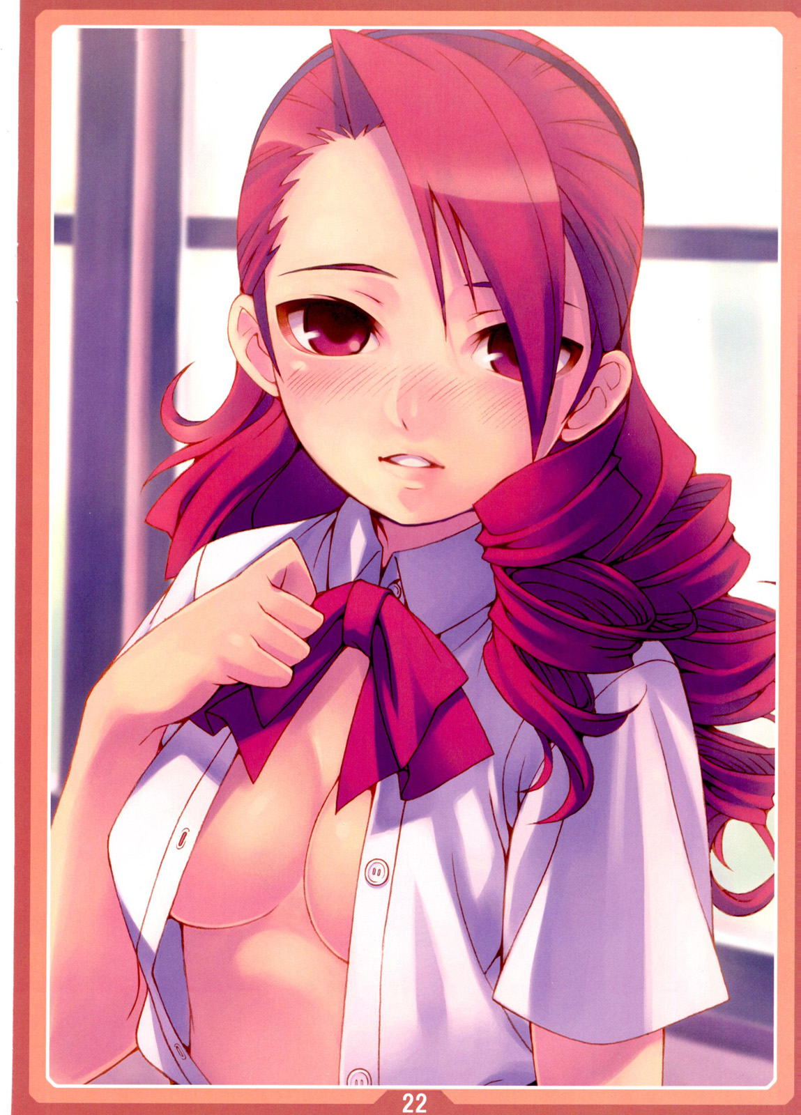 tasaka shinnosuke, kirijou mitsuru, atlus, persona, persona 3, highres, 1girl, blush, bow, bowtie, breasts, cleavage, female focus, hair over one eye, long hair, no bra, open clothes, open shirt, red eyes, red hair, ringlets, school uniform, serafuku, shirt, solo
