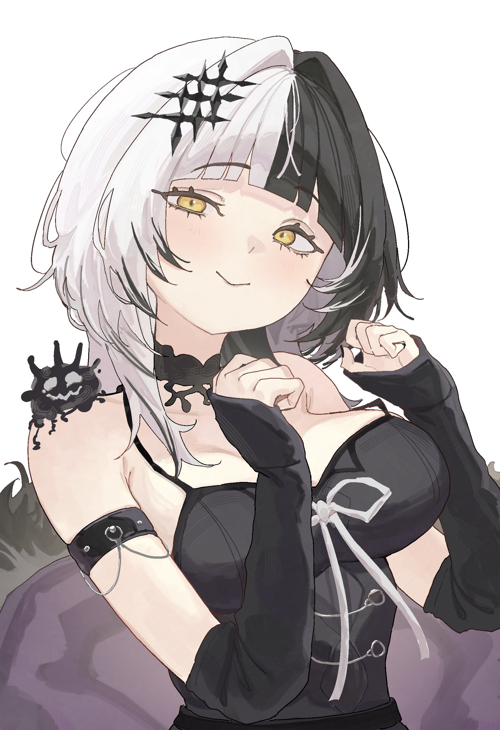 arch 05x, shiori novella, shiori novella (1st costume), yorick (shiori novella), hololive, hololive english, absurdres, highres, 1girl, bare shoulders, black choker, black dress, black hair, black nails, black sleeves, breasts, choker, coat, detached sleeves, dress, fur-trimmed coat, fur trim, goth fashion, hair intakes, hair ornament, large breasts, medium hair, multicolored hair, nail polish, simple background, smile, solo, spaghetti strap, split-color hair, two-tone hair, upper body, virtual youtuber, white background, white hair, yellow eyes