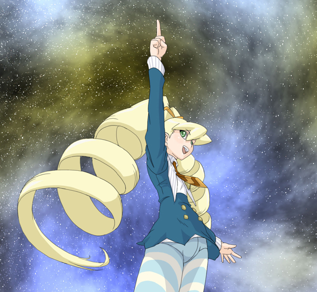 luna platz (mega man), capcom, mega man (series), mega man star force (series), 1girl, big hair, crotch seam, drill hair, female focus, kamina pose, panties, panties under pantyhose, pantyhose, pantyshot, parody, pointing, pointing up, solo, striped clothes, striped pantyhose, underwear, upskirt