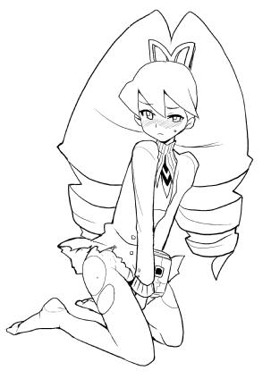 heriyama, luna platz (mega man), capcom, mega man (series), mega man star force (series), lowres, 00s, 1girl, big hair, blush, drill hair, female focus, greyscale, monochrome, panties, pantyhose, solo, torn clothes, torn pantyhose, underwear