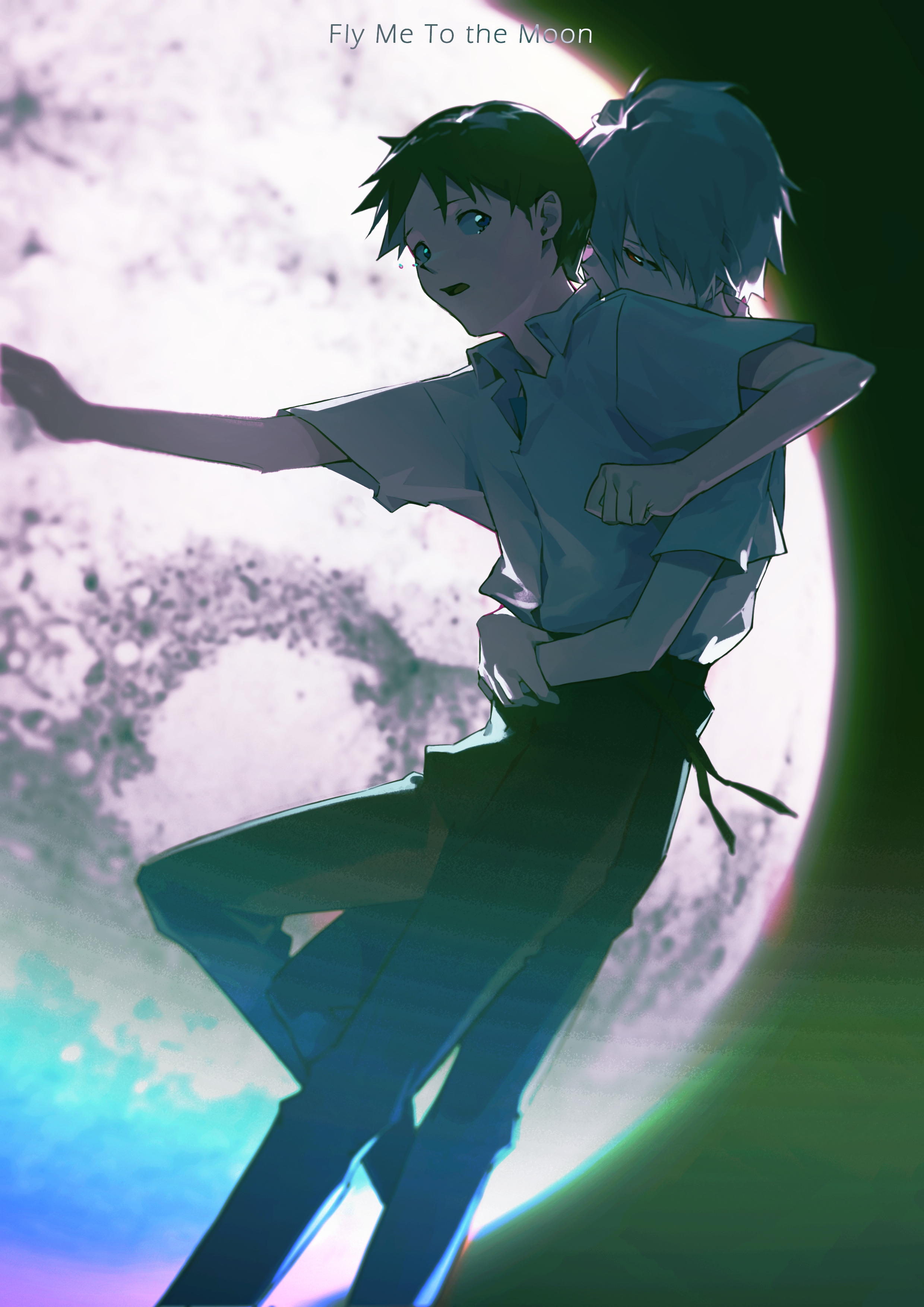 mumu53, ikari shinji, nagisa kaworu, neon genesis evangelion, absurdres, commentary, english commentary, highres, 2boys, arms around waist, blue eyes, brown hair, fly me to the moon, full moon, moon, multiple boys, red eyes, shirt, short hair, white hair, white shirt