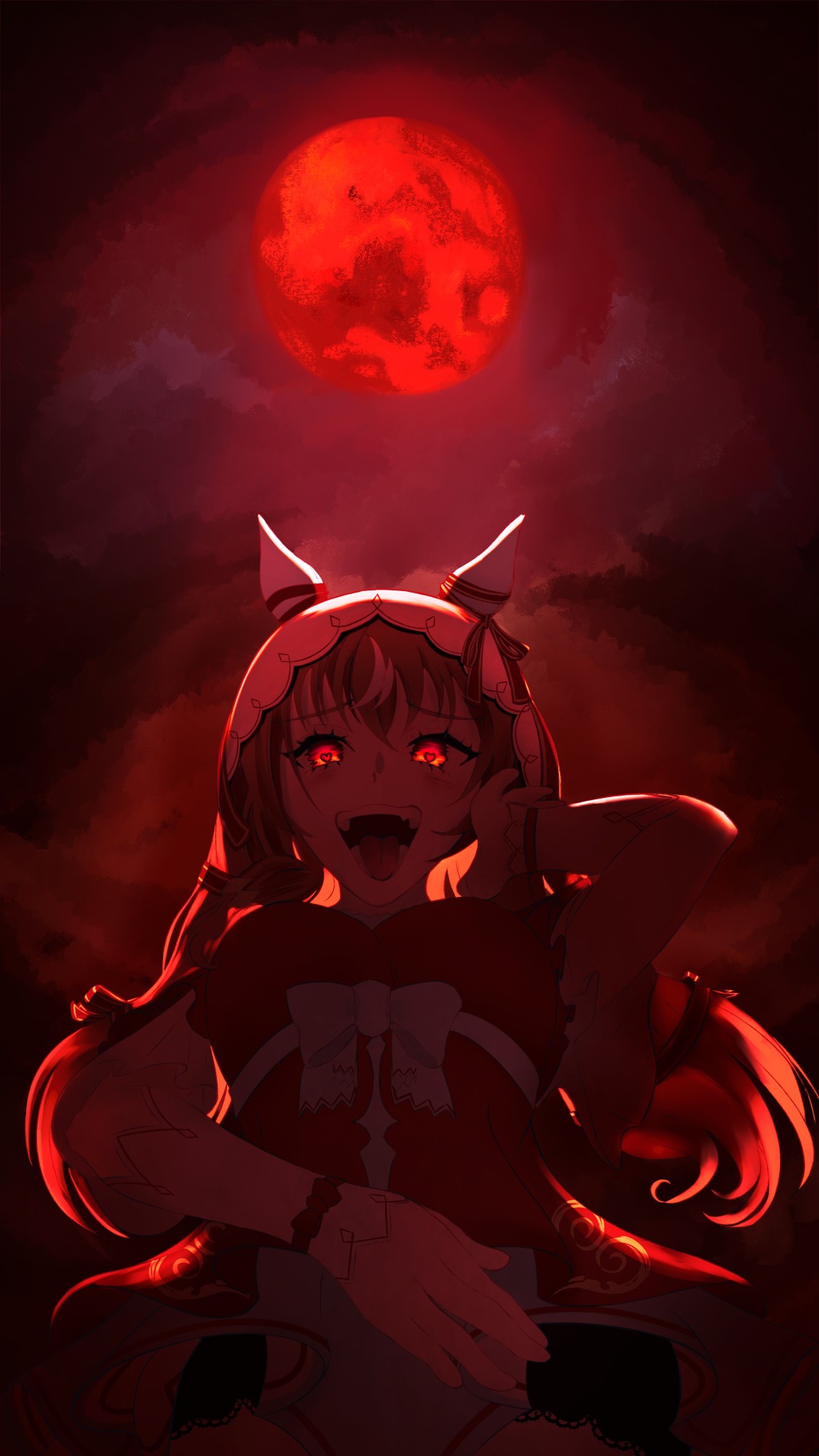 still in love (umamusume), umamusume, commentary request, highres, 1girl, animal ears, bow, brown hair, dress, ear ribbon, full moon, hair between eyes, hair ribbon, heart, heart-shaped pupils, long hair, long sleeves, looking at viewer, moon, multicolored hair, open mouth, red dress, red eyes, red moon, red ribbon, ribbon, riomantjeu, solo, streaked hair, symbol-shaped pupils, veil, very long hair, white bow, white hair, white ribbon, white sleeves, white veil, yandere