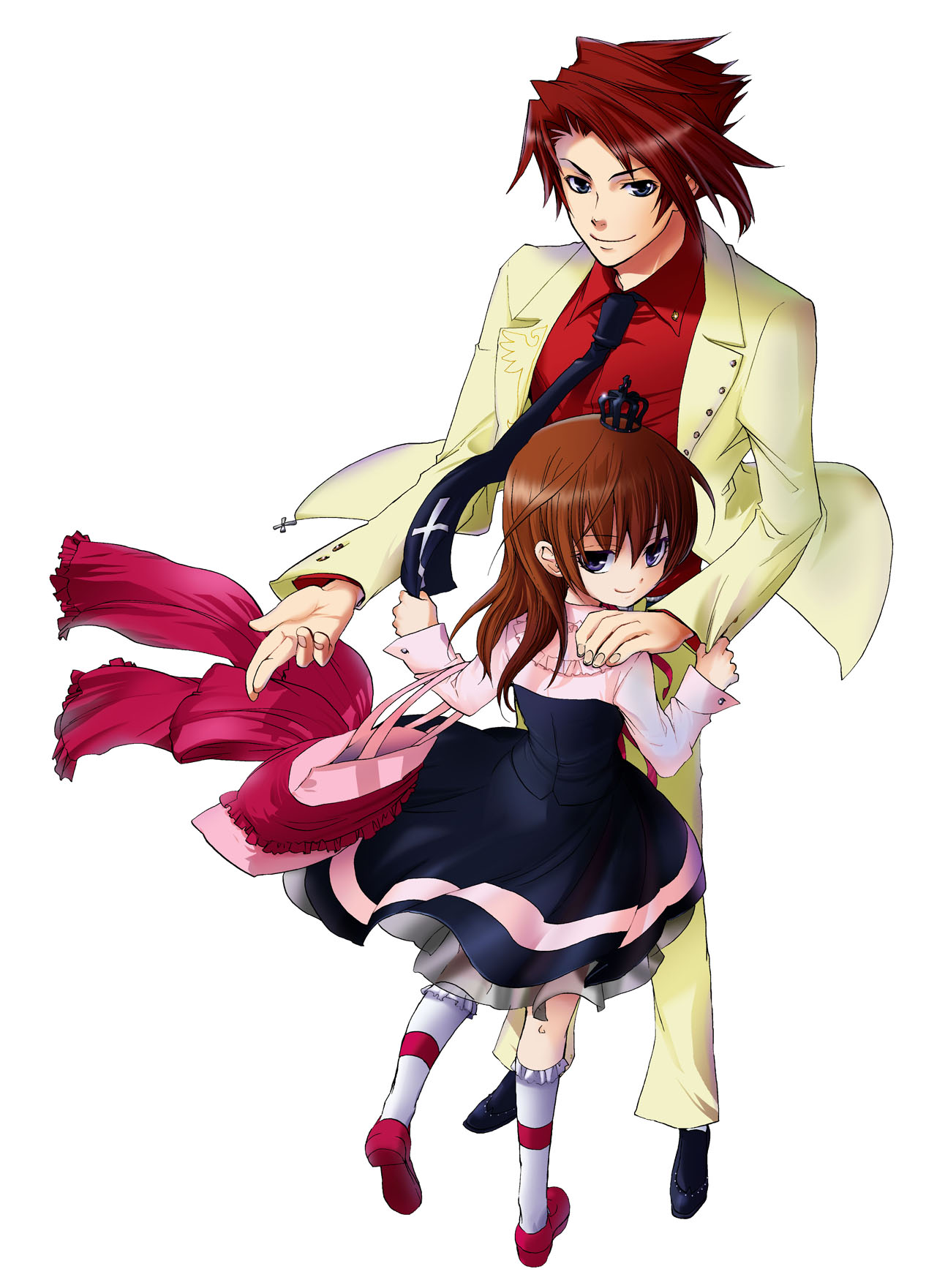 natsumi kei, ushiromiya battler, ushiromiya maria, umineko no naku koro ni, highres, 00s, 1boy, 1girl, brown hair, cousins, crown, dress, red hair, smile